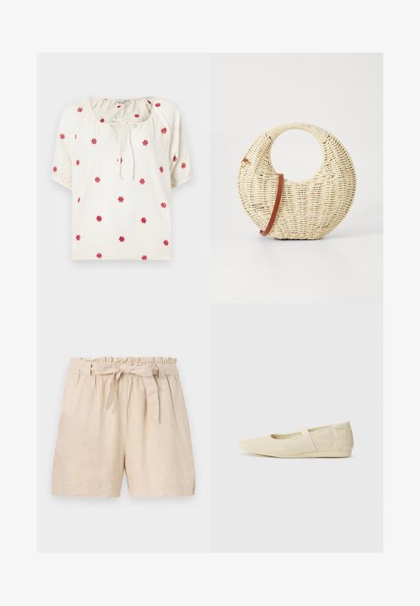 Hvid kortærmet top med rund halsudskæring, udsmykket med rød blomsterbroderi og en bindedetalje i midten. Fremstillet af letvægtsstof.; Beige linnedshorts med elastisk livrem, flæset kant og en aftagelig bælte i snor. Har en afslappet pasform og glat, tekstureret stof.; Lysebrune ballet flats med en glat læderoverflade, mandelformet tå og elastisk rem over vristen, med diskrete syninger.; Rund flettet taske i naturligt strå med en tekstureret overflade. Har en glat brun læderrem og et cirkulært håndtag.
