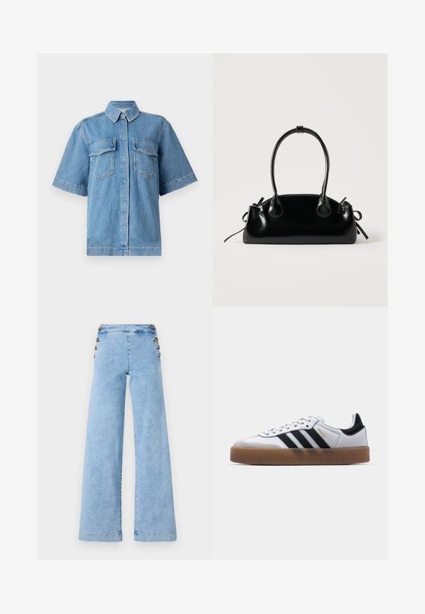 Blaue Denim-Hemd mit kurzen Ärmeln, einem Kragen, zwei Brusttaschen und Knopfverschluss. Bietet eine entspannte Passform und eine ausgewaschene Textur.; Hellblaue Jeans im weit geschnittenen Stil mit hoher Taille, mit Metalldruckknopf-Akzenten entlang der Seiten und einer glatten, leicht abgetragenen Textur.; Weiße Leder Sneakers mit schwarzen Streifen, Gummigummi-Außensohle, runder Zehenform, Schnürverschluss und weichem grauem Wildleder-Zehenkappe.; Kleine schwarze glänzende Handtasche mit zwei langen Griffen und seitlichen Kordelzug-Details vor einfachem hellem Hintergrund.