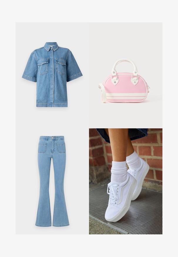Blå denim kortærmet skjorte med krave, to brystlommer og knaplukning. Har en afslappet pasform og en falmet tekstur.; Lyseblå flared jeans med høj talje, fem lommer og en glat denimtekstur med syninger langs sømmene.; Hvide lærreds sneakers med gummisåler, der har seks snørehuller, rund tå og let sømdetaljer, krydret med hvide ankelstrømper.; Lyserød håndtaske med hvide accenter, rund form, top-hanke, aftagelig skulderrem og hjerteformede hardware-detaljer. Lynlås lukning.