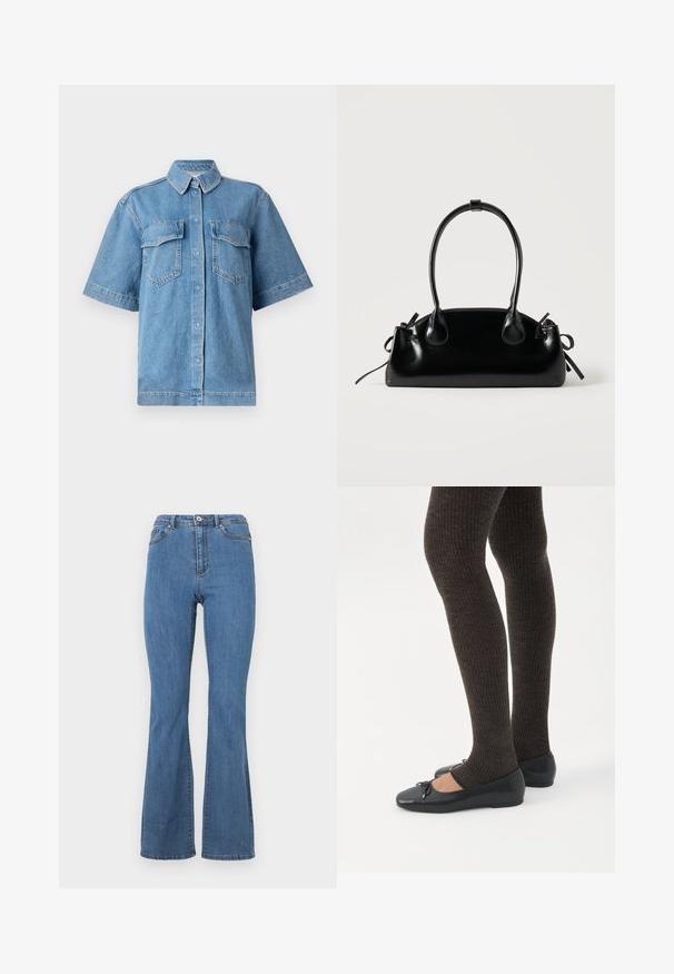 Blaue Denim-Hemd mit kurzen Ärmeln, einem Kragen, zwei Brusttaschen und Knopfverschluss. Bietet eine entspannte Passform und eine ausgewaschene Textur.; Blaue ausgestellte Jeans aus Denim mit hoher Taille, kontrastierenden Nähten und einem einzelnen Knopfverschluss vorne.; Beine in dunklen, gerippten Leggings kombiniert mit schwarzen Ballerinas mit kleinen Schleifendetails auf weißem Hintergrund.; Kleine schwarze glänzende Handtasche mit zwei langen Griffen und seitlichen Kordelzug-Details vor einfachem hellem Hintergrund.