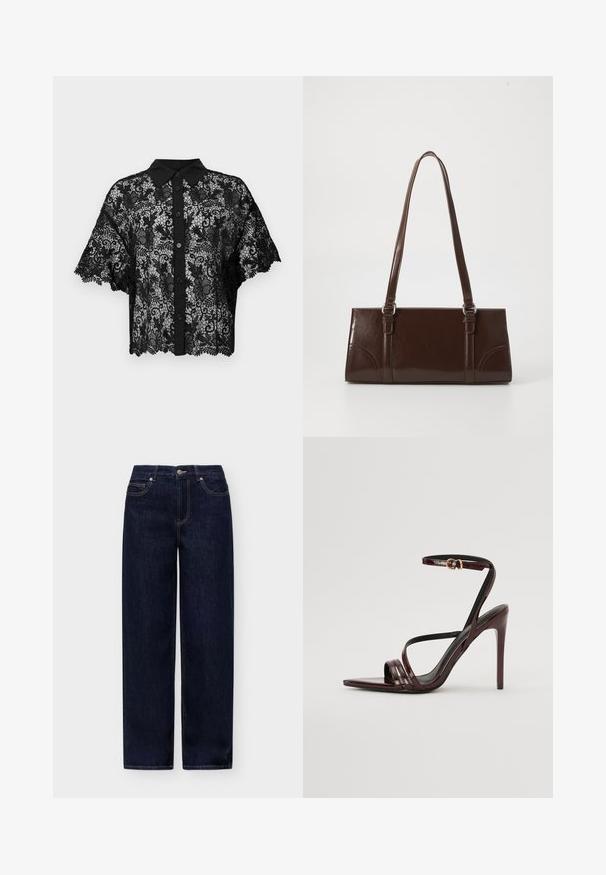 Chemise noire en dentelle à boutons, à manches courtes évasées et col noir uni. Motif floral sur toute la surface avec un ourlet festonné.; Jean denim bleu foncé droit avec bouton à l'avant et poches sur un fond clair uni.; Sandale à talons hauts en cuir verni bourgogne avec une bride de cheville, bout pointu et trois bandes horizontales sur le pied. Détail de boucle dorée.; Sac à main en cuir verni marron de forme rectangulaire, avec deux longues poignées et des accents courbés subtils à l'avant.