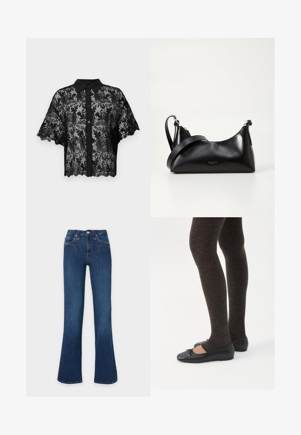 Chemise noire en dentelle à boutons, à manches courtes évasées et col noir uni. Motif floral sur toute la surface avec un ourlet festonné.; Jean en denim bleu foncé à taille haute, bouton et fermeture éclair devant, jambes évasées.; Jambes portant des leggings côtelés foncés associés à des ballerines noires avec de petits détails en nœud sur fond blanc.; Sac à main en cuir noir avec une texture lisse. Dispose d'une bandoulière adjustable et d'un design élégant et minimaliste avec une fermeture éclair.