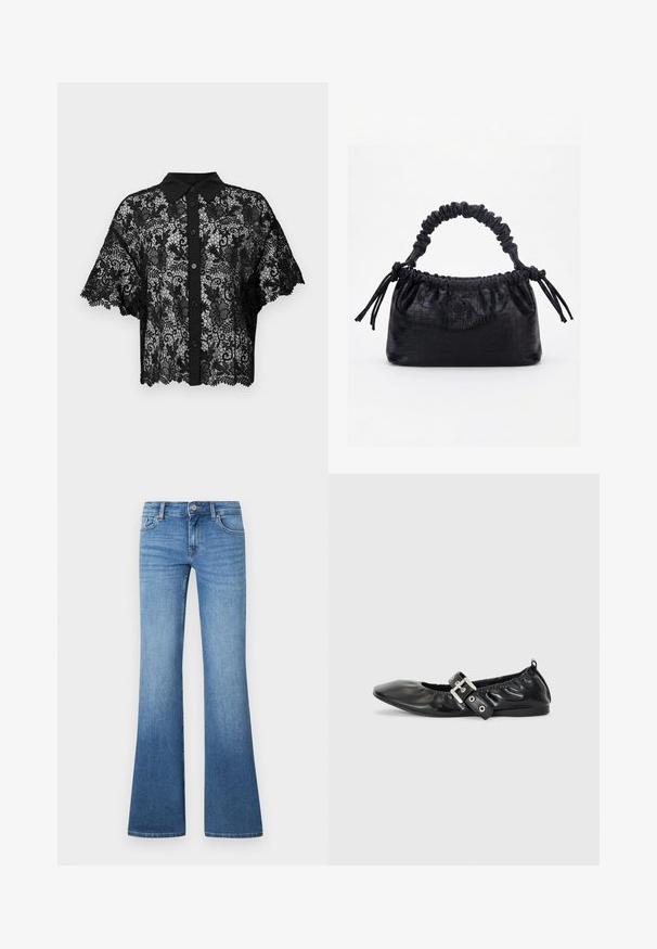 Chemise noire en dentelle à boutons, à manches courtes évasées et col noir uni. Motif floral sur toute la surface avec un ourlet festonné.; Jean flare bleu clair en denim. Comprend un design à cinq poches, une fermeture par bouton métallique et un léger délavage près des genoux.; Chaussure plate en cuir noir avec un nez pointu, des détails froncés autour de l'ouverture et un accent en boucle argentée sur la bride ajustable.; Sac à main noir avec texture crocodile, bord supérieur froncé, poignée plissée et pompons à cordon de chaque côté sur fond blanc.