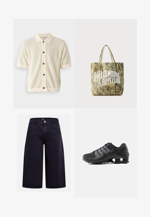 Kortærmet strikket cardigan i lys gul med en kontrastfarvet ensfarvet krave, fem brune knapper og teksturerede mønstre på forsiden.; Sorte denim bredbenede shorts med forreste knaplukning, lynlås, bæltestropper og to forlommer.; Sort atletiksko med tekstureret overdel, snørelukninger og karakteristisk fjederlignende sålstøtte synlig på hvid baggrund.; Camouflage-mønstret mulepose lavet af tekstureret stof med to håndtag. Fremviser en fremtrædende hvid logo på den ene side.