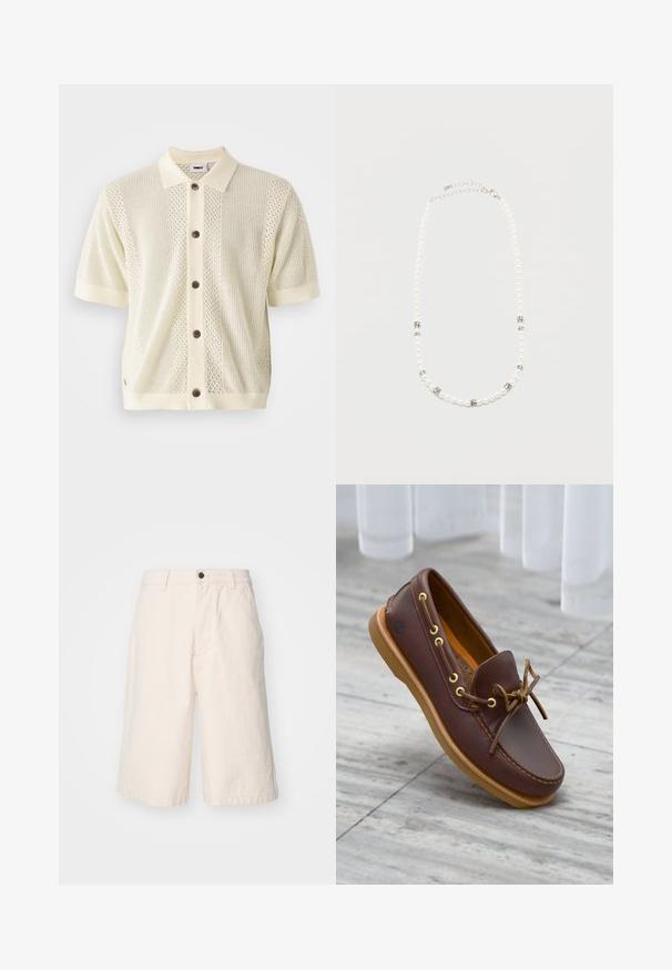 Gilet en tricot à manches courtes de couleur jaune pâle avec un col uni contrasté, cinq boutons marron et des motifs texturés sur le devant.; Shorts en coton beige clair avec une coupe droite, doté d'une fermeture à bouton, de poches latérales et d'un ourlet qui tombe juste au-dessus du genou.; Chaussure bateau en cuir marron avec œillets dorés, devant lacé et semelle en caoutchouc beige. Surface texturée et logo sur le côté.; Collier de perles blanches avec des intercalaires en strass argentés et un fermoir chaîne en argent, présenté sur un fond clair uni.