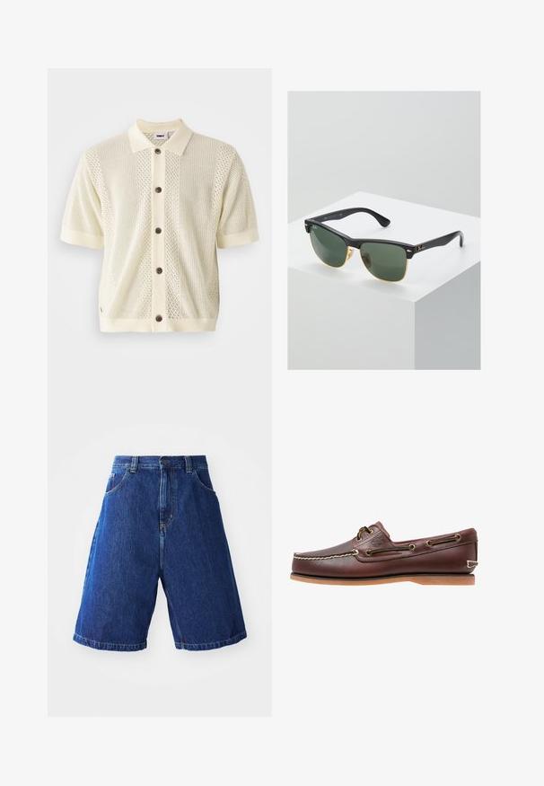 Gilet en tricot à manches courtes de couleur jaune pâle avec un col uni contrasté, cinq boutons marron et des motifs texturés sur le devant.; Shorts en denim avec un lavage bleu, dotés d'une taille haute, de deux poches avant et de coutures jaunes le long des bords.; Chaussure bateau en cuir marron avec coutures blanches, détails de lacets et semelle en caoutchouc beige, vue de côté sur fond blanc.; Lunettes de soleil Ray-Ban avec des verres verts, monture en plastique noir et accents dorés sur les bords. Forme carrée avec une finition mate.
