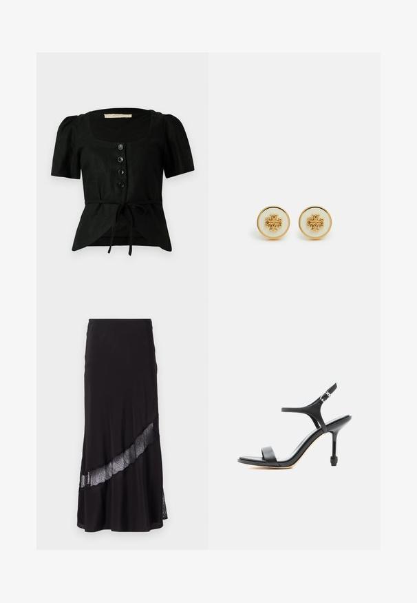 Zwarte linnen blouse met korte pofmouwen, vierkante halslijn, vijf zwarte knopen aan de voorkant en een strik in de taille. Getextureerde stof.; Zwarte rok van gladde stof, met een kantinzet diagonaal over de zoom. Uitlopende ontwerp met een subtiele glans.; Zwarte leren sandaal met hoge hak, dunne bandjes, open teen en verstelbare enkelgesp, weergegeven tegen een effen witte achtergrond.; Tory Burch KIRA CIRCLE STUD EARRING - Oorbellen - gold-coloured/new ivory