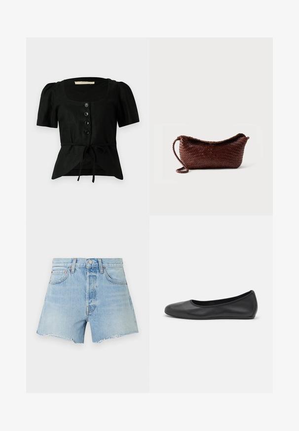 Zwarte linnen blouse met korte pofmouwen, vierkante halslijn, vijf zwarte knopen aan de voorkant en een strik in de taille. Getextureerde stof.; Lichtblauwe high-waisted denim shorts met rafelige zomen, sluiting met knopen aan de voorkant en ontwerp met vijf zakken op een witte achtergrond.; Zwarte leren ballerina met een ronde neus, gladde textuur, minimale stikdetails en een flexibele zoolontwerp.; Bruine leren gevlochten tas met een enkele riem en een gebogen bovenkant tegen een effen witte achtergrond.