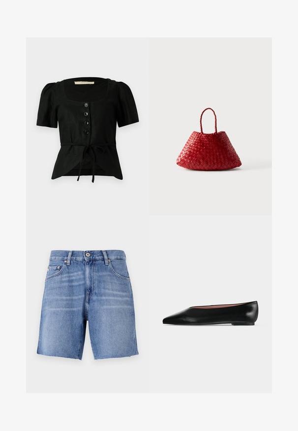 Zwarte linnen blouse met korte pofmouwen, vierkante halslijn, vijf zwarte knopen aan de voorkant en een strik in de taille. Getextureerde stof.; Lichtblauwe denimshorts met een recht model, verbrokkelde zoom, vijf zakken en sluiting met een metalen knoop. De stof heeft een gladde textuur met een lichte vervaging.; Zwarte leren damesschoen met platte zool, puntige neus en lage hak, zijwaarts afgebeeld tegen een effen lichtgrijze achtergrond.; Rode geweven leren handtas met een afgeronde, driehoekige vorm en twee gevlochten handvatten op een witte achtergrond.