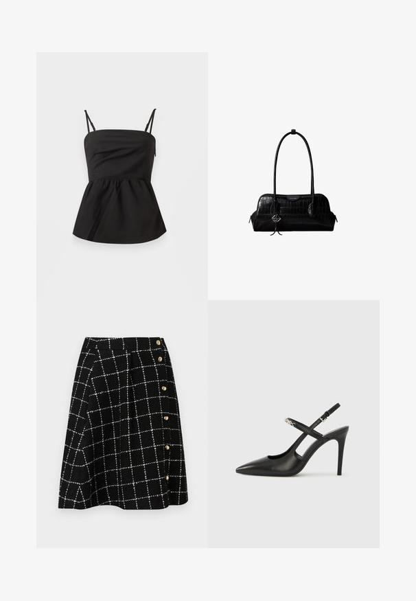 Top peplum noir avec bretelles spaghetti ajustables, texture lisse, corsage ajusté, bas évasé et sans aucune quincaillerie visible.; Jupe en tweed noir avec un motif à carreaux blancs, au design évasé et avec des accents de boutons dorés sur le côté.; Escarpins slingback en cuir noir avec bout pointu, design ajouré et bride ajustable ornée de ferrures métalliques.; Sac à épaule en cuir noir à texture crocodile, avec de longues sangles et un petit charm logo argenté sur une sangle.