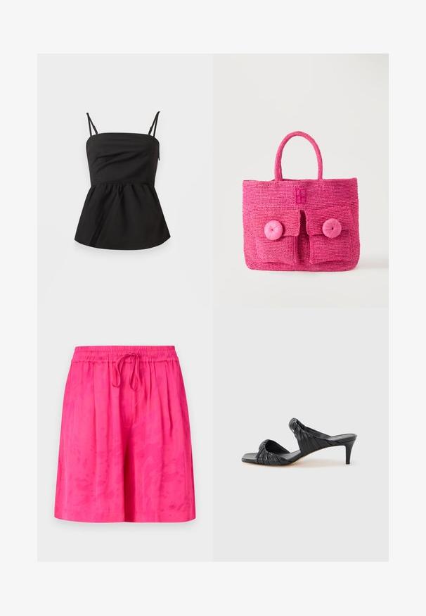 Top peplum noir avec bretelles spaghetti ajustables, texture lisse, corsage ajusté, bas évasé et sans aucune quincaillerie visible.; Shorts roses avec une taille élastique et un cordon de serrage, présentant une texture lisse et un motif tie-dye subtil.; Sandales à talons noirs avec un bout carré, fabriquées en cuir lisse. Elles présentent des brides froncées et un talon fin pour plus d'élévation.; Sac à main tissé rose vif avec deux poches avant, de grands boutons ronds et une poignée arrondie unique sur un fond clair uni.