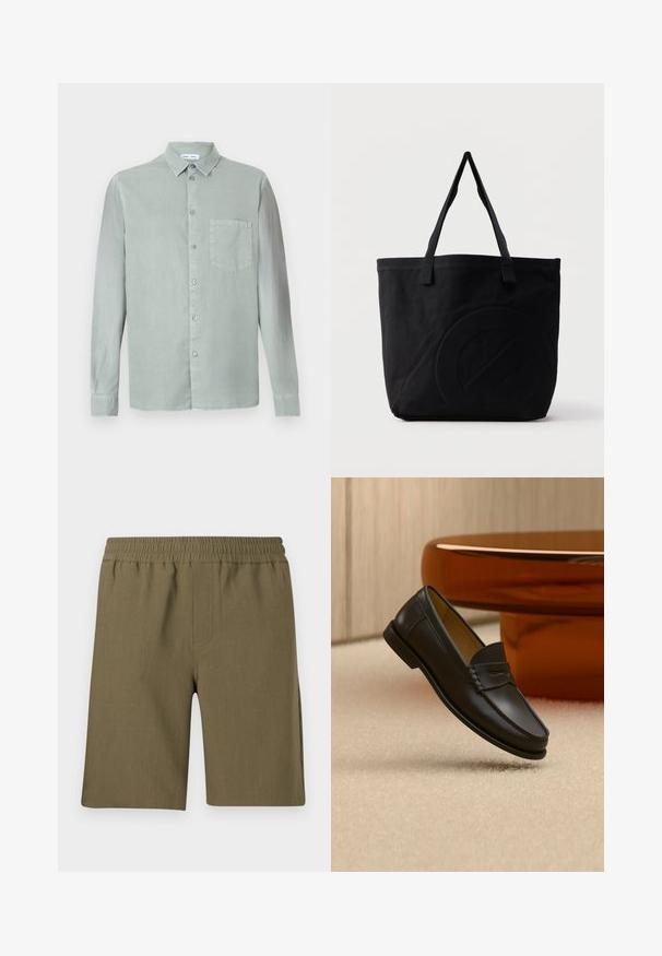 Lys grøn langærmet skjorte med knap-til-krave, brystlomme og en let tekstureret stof. Har matchende knapper.; Samsøe Samsøe SMITH - Shorts - four leaf clover; Sort læder loafer-sko hængende over beige tæppe med ravfarvet moderne møblement i baggrunden.; Sort canvas-tote-taske med to skulderstropper og et diskret præget cirkeldesign på fronten.