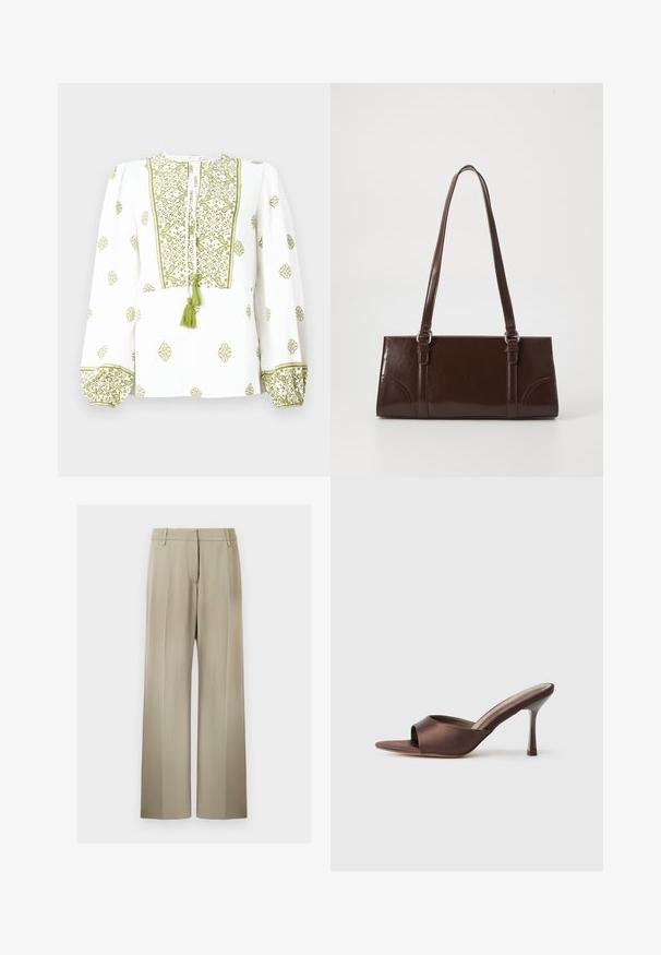 Blusa blanca con bordado floral verde, escote con abertura en forma de llave y borlas, y mangas largas fruncidas con puños a juego.; Pantalones de pierna ancha en suave tela beige, con una parte delantera plana, presillas para cinturón y una textura lisa. Cintura estándar sin patrones visibles.; Mule marrón de satén con punta abierta, con un tacón delgado de altura media y diseño slip-on sobre un fondo blanco liso.; Bolso de mano de piel sintética marrón con forma rectangular, dos asas largas y sutiles acentos curvados en la parte delantera.