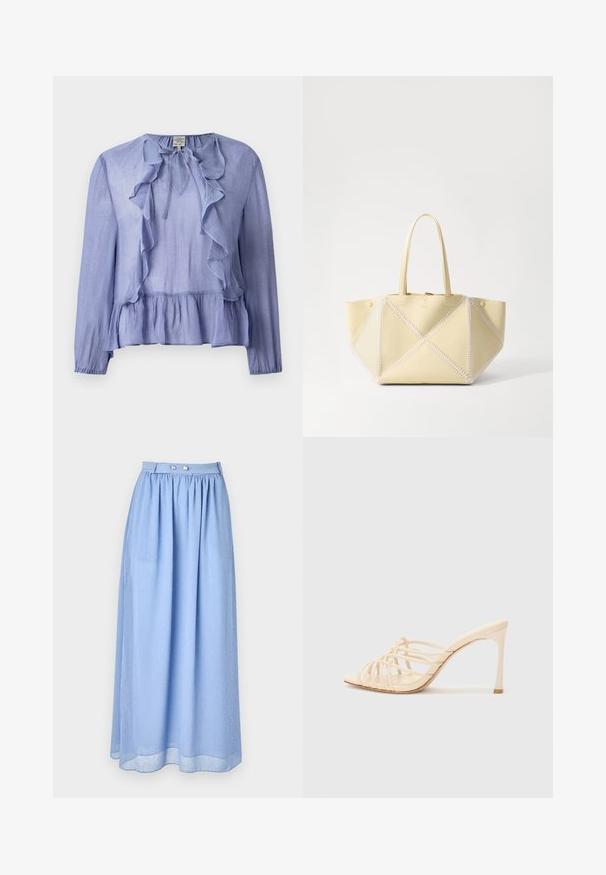 Blouse à manches longues bleu clair avec un col froncé et un ourlet peplum, fabriquée dans un tissu texturé, dotée d'un détail à nouer au col.; Jupe maxi bleu clair en tissu transparent avec taille froncée, présentant des détails en boutons argentés et un motif subtil de petits points blancs.; Mules à talons hauts beiges avec un design à lanières. Présentent un bout carré, une texture lisse et un talon élancé avec un accent doré à la base.; Nanushka THE ORIGAMI - Sac à main - moonbeam/creme