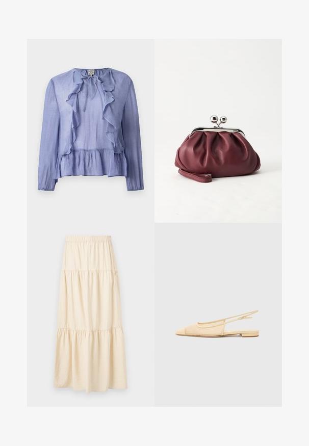 Lichtblauwe blouse met lange mouwen, een gerimpelde halslijn en een peplumzoom, gemaakt van een textuurstof, met een strikdetail bij de kraag.; Beige gelaagde rok met een elastische tailleband en drie geplooide delen die zorgen voor een vloeiende, losse pasvorm.; Slingback ballerina in lichtbeige met een mesh bovenwerk, spitse neus en een lage hak. Voorzien van een verstelbare band voor een goede pasvorm.; Kleine bordeauxrode leren clutch-portemonnee met zilverkleurige metalen sluiting en polsbandje op een witte achtergrond.