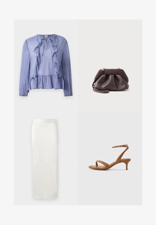 Blouse à manches longues bleu clair avec un col froncé et un ourlet peplum, fabriquée dans un tissu texturé, dotée d'un détail à nouer au col.; Jupe blanche, jusqu'aux genoux, en tissu léger et lisse, avec une coupe droite et une taille élastique simple.; Sandale en cuir marron avec lanières, talon bas en forme de petit escarpin et bride à la cheville avec une petite boucle, vue de côté sur un fond uni.; Pochette en cuir souple marron foncé avec ferrures dorées et bandoulière amovible, présentant un design froncé et plissé sur un fond uni.