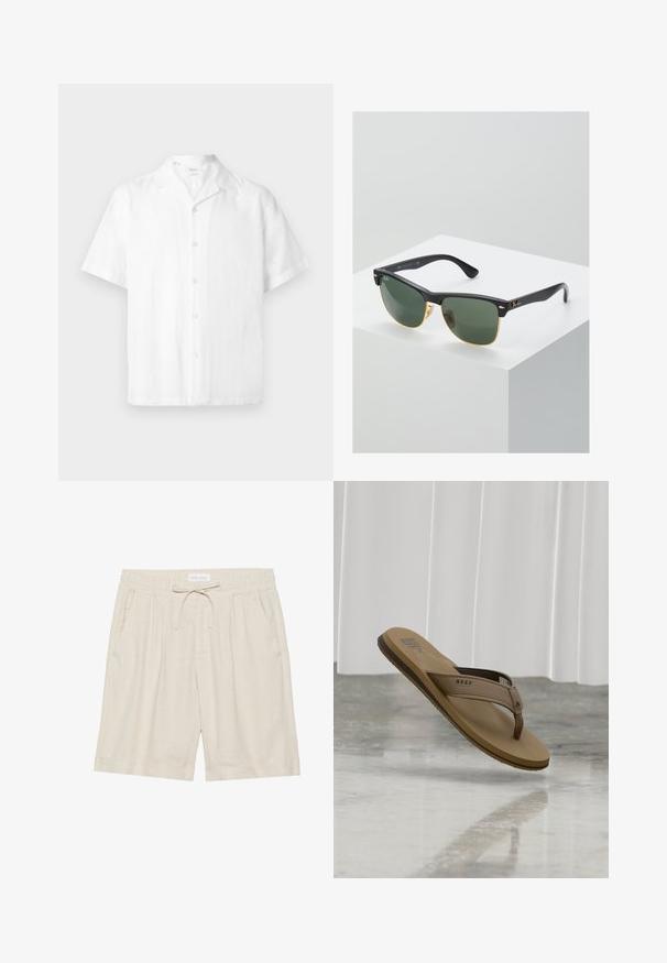 Chemise blanche à manches courtes boutonnée avec col camp, fabriquée en tissu léger, présentée sur un fond uni.; Shorts en lin beige avec taille élastique, cordon de serrage et poches latérales. Coupe décontractée avec jambe droite et ourlet retourné.; Sandale tong beige avec bride texturée et logo "REEF", flottant au-dessus d'un sol en marbre réfléchissant avec un fond de rideau blanc.; Lunettes de soleil Ray-Ban avec des verres verts, monture en plastique noir et accents dorés sur les bords. Forme carrée avec une finition mate.