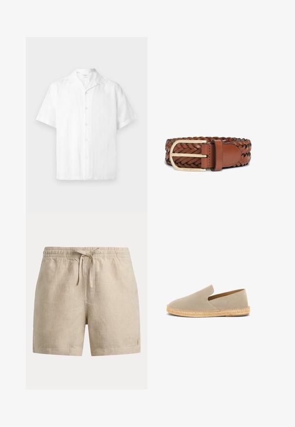 Chemise blanche à manches courtes boutonnée avec col camp, fabriquée en tissu léger, présentée sur un fond uni.; Short beige à carreaux avec taille élastique et cordon de serrage devant, arborant un petit logo brodé sur le bas de la jambe gauche.; Espadrille beige en daim à enfiler avec semelle enveloppée de jute et petit talon, vue latérale sur fond blanc.; Ceinture en cuir marron tressé avec boucle rectangulaire dorée et passant en cuir, portant la marque "Tommy Hilfiger" sur la boucle.