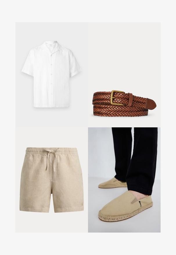 Chemise blanche à manches courtes boutonnée avec col camp, fabriquée en tissu léger, présentée sur un fond uni.; Short beige à carreaux avec taille élastique et cordon de serrage devant, arborant un petit logo brodé sur le bas de la jambe gauche.; Chaussures slip-on en toile beige avec des goring élastiques, semelle en corde de jute et coutures contrastantes. Portées avec un pantalon noir fuselé.; Ceinture en cuir marron tressé avec boucle en laiton et embout en cuir, roulée sur un fond blanc.