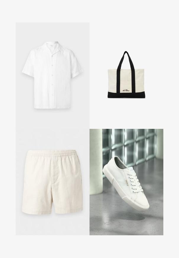 Chemise blanche à manches courtes boutonnée avec col camp, fabriquée en tissu léger, présentée sur un fond uni.; Shorts décontractés blanc cassé avec taille élastique, jambes droites et texture de tissu lisse.; Baskets basses blanches Calvin Klein avec lacets, semelle en caoutchouc, et étiquette logo flottant au-dessus d'un sol gris poli près d'un mur en blocs de verre.; Sac fourre-tout crème et noir avec deux poignées noires et une petite poche avant avec un texte noir manuscrit.