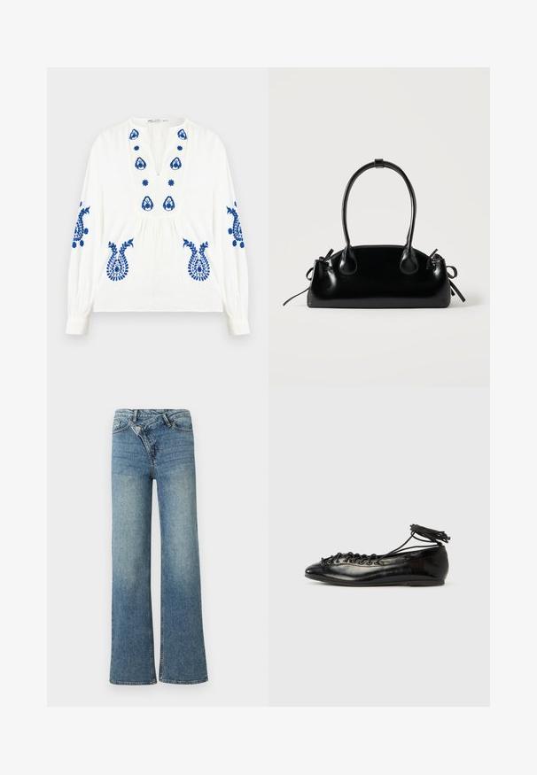 Blouse blanche à manches longues avec broderie florale bleue sur la poitrine, les manches et le bas devant, dotée d'un col en V et d'une taille froncée.; Jean en denim bleu clair à jambes larges avec une taille haute, un délavage clair et une fermeture à bouton à l'avant. Comprend cinq poches et des coutures minimales.; Ballerines en cuir verni noir avec un bout rond, un design à lacets et une semelle plate. Texture lisse avec peu de détails.; Petit sac à main noir brillant avec deux longues anses et des détails à cordon sur les côtés sur un fond clair uni.