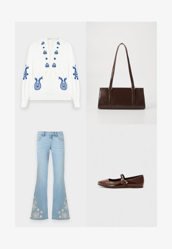 Blouse blanche à manches longues avec broderie florale bleue sur la poitrine, les manches et le bas devant, dotée d'un col en V et d'une taille froncée.; Jean évasé bleu clair avec taille haute et broderie florale blanche près de l'ourlet sur les deux jambes.; Ballerine en cuir verni marron avec un bout carré et une lanière ornée d'une petite boucle dorée. Texture lisse, talon bas et design minimaliste.; Sac à main en cuir verni marron de forme rectangulaire, avec deux longues poignées et des accents courbés subtils à l'avant.