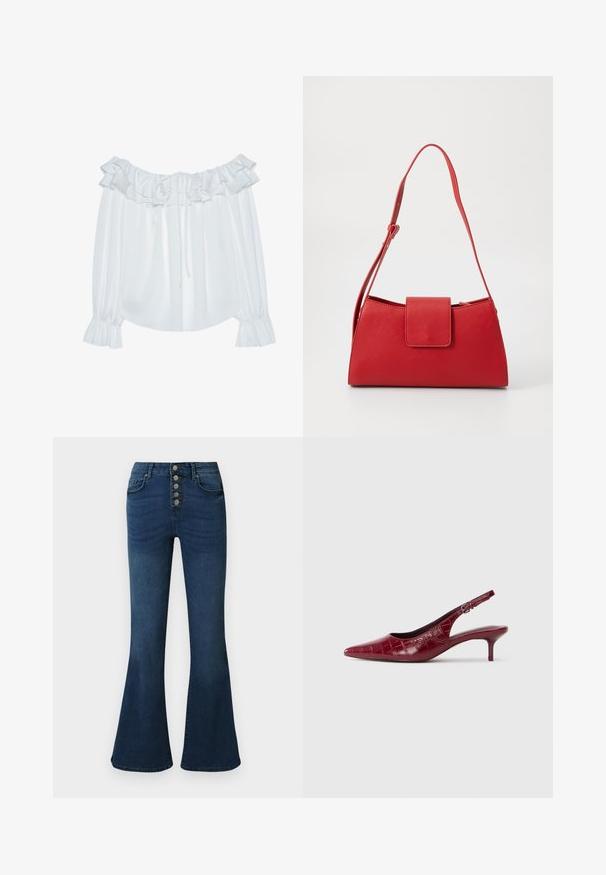 Blouse blanche à épaules dénudées en tissu lisse, ornée d'un col froncé, d'un devant à cordon et de manches élastiquées à poignets.; Jeans évasés en denim bleu foncé avec une taille haute et une fermeture à cinq boutons sur le devant. Texture lisse avec un léger délavage et des détails de couture subtils.; Escarpin à talon kitten en cuir bourgogne avec texture crocodile, bout pointu, bride ajustable et talon bas sur fond blanc.; Sac à main en cuir rouge avec un design structuré, en forme de triangle, une bandoulière réglable et une fermeture à rabat à l'avant. Texture lisse.