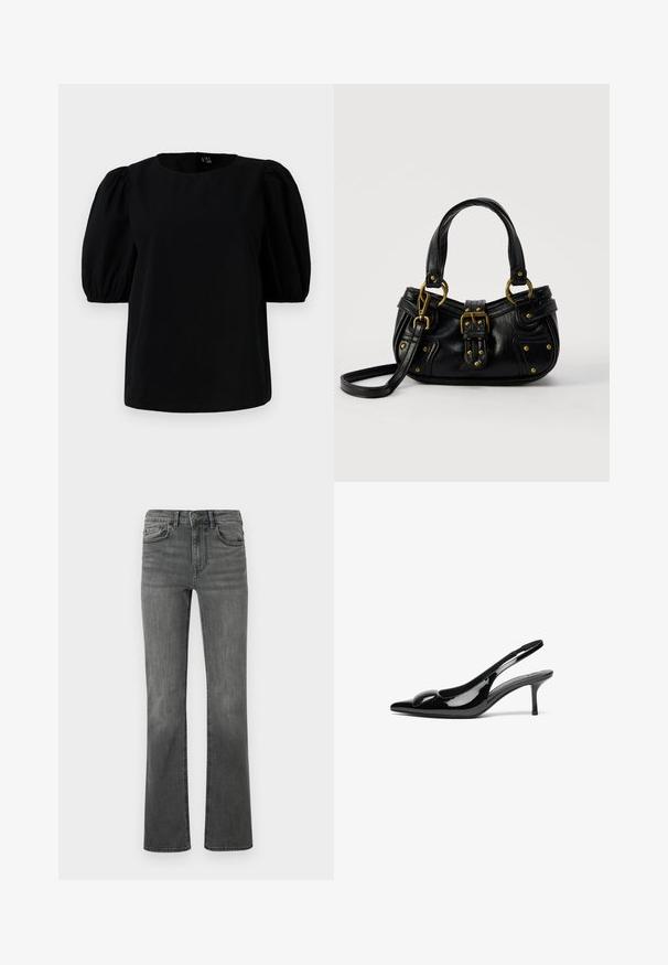 Top negro con escote redondo y mangas cortas abullonadas. La tela es suave, sin patrones o detalles visibles.; Vaqueros acampanados en denim gris oscuro con una cintura alta, cinco bolsillos y un cierre de botón único. Textura suave con ligero desvanecimiento.; Tacones slingback de charol negro con punta afilada y acabado brillante. Presentan un tacón delgado y un acento redondeado en el empeine.; Bolso de cuero negro con hebilla y detalles de remaches dorados, asas cortas y una correa de hombro ajustable sobre un fondo blanco liso.