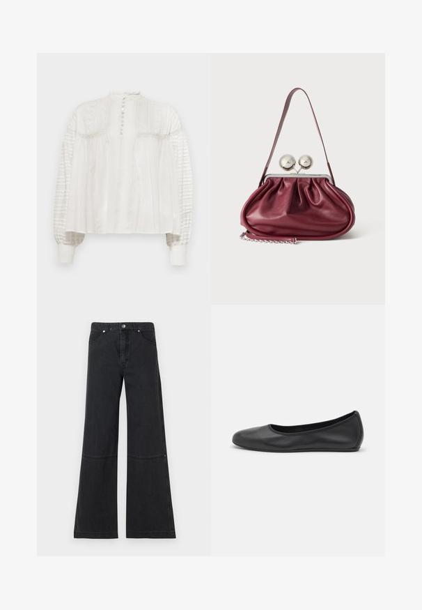 Blouse blanche à col montant, fermeture à boutons, devant texturé et manches bouffantes avec tissu plissé et poignets élastiques.; Jeans noirs à jambes larges en denim, avec une taille haute, des poches avant, et un détail de couture subtil au niveau des genoux. Fermeture par bouton en métal.; Ballerines en cuir noir avec un bout rond, texture lisse, détails de couture minimalistes et design de semelle flexible.; Petit sac à main en cuir bordeaux avec des détails froncés, une fine bandoulière et une fermeture argentée comportant deux gros boutons ronds.