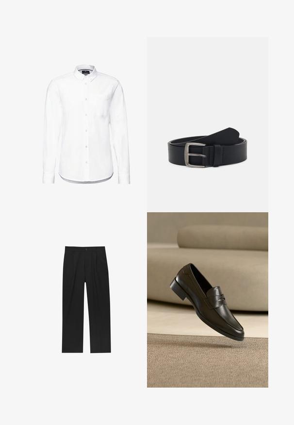 Weißes Langarmhemd aus Baumwolle mit einem Button-Down-Kragen, Fronttasche und abgerundetem Saum mit knopfbaren Manschetten.; Schwarze Hose mit geradem Schnitt, aus einem glatten Stoff gefertigt. Verfügt über Vorderfalten und einen einzelnen Knopfverschluss an der Taille.; Schwarzer Leder-Slipper, der über einem beigen Teppich schwebt, mit einem beigen Sofa im Hintergrund, und zeigt das klassische Herren-Design zum Hineinschlüpfen.; Schwarzer Ledergürtel mit einer silbernen Metallschnalle, verfügt über eine glatte Oberfläche und ein klassisches Design. Der Gürtel ist aufgerollt, mit dem Ende nach oben gerichtet.