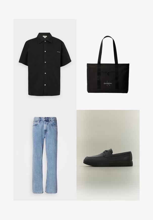 Zwarte kortmouwshirt gemaakt van katoen, met een knoopsluiting aan de voorkant, één borstzak en een klein logoaccent nabij de zak.; Lichtblauwe denim jeans met een recht ontwerp, vijf zakken en een knoopsluiting. Stikdetails nabij de zakken en de tailleband.; Zwarte casual leren loafer met veters en dikke rubberen zool, zijaanzicht op een neutrale achtergrond.; Zwarte Calvin Klein totebag met twee lange handvatten en een voorvak, met het logo van het merk in wit en grijs.