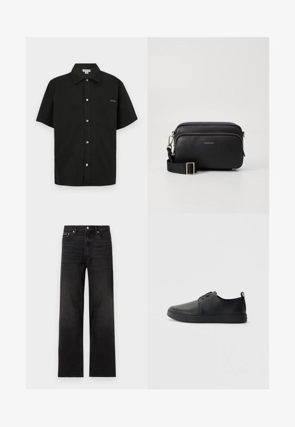 Sort kortærmet shirt lavet af bomuld, med knaplukning foran, en enkelt brystlomme og et lille logo nær lommen.; Sorte jeans med lige ben, fem-lomme design, bæltestropper og knaplukning, vist på en hvid baggrund.; Sorte lædersneakers med en glat finish, rund tå, tonalt syning, snøring foran og en flad gummisål. Løkke ved hælen.; Sort læder crossbody taske med to lynlåslommer, struktureret overflade, justerbar rem og sølvhardware detaljer. Calvin Klein-logoet er vist.