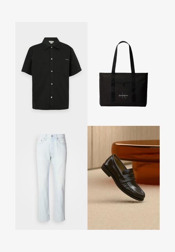 Camisa negra de manga corta hecha de algodón, con cierre de botones en la parte delantera, un bolsillo en el pecho y un pequeño logotipo cerca del bolsillo.; Jeans de mezclilla azul claro con corte recto. Cuentan con un cierre de botón y pasadores para cinturón, mostrando una textura desgastada y costuras mínimas.; Mocasín de cuero negro brillante con detalle de correa, colocado sobre una alfombra beige cerca de una mesa de café redonda marrón en una habitación con iluminación suave.; Bolso tote negro de Calvin Klein con dos asas largas y bolsillo delantero, con el logo de la marca en blanco y gris.