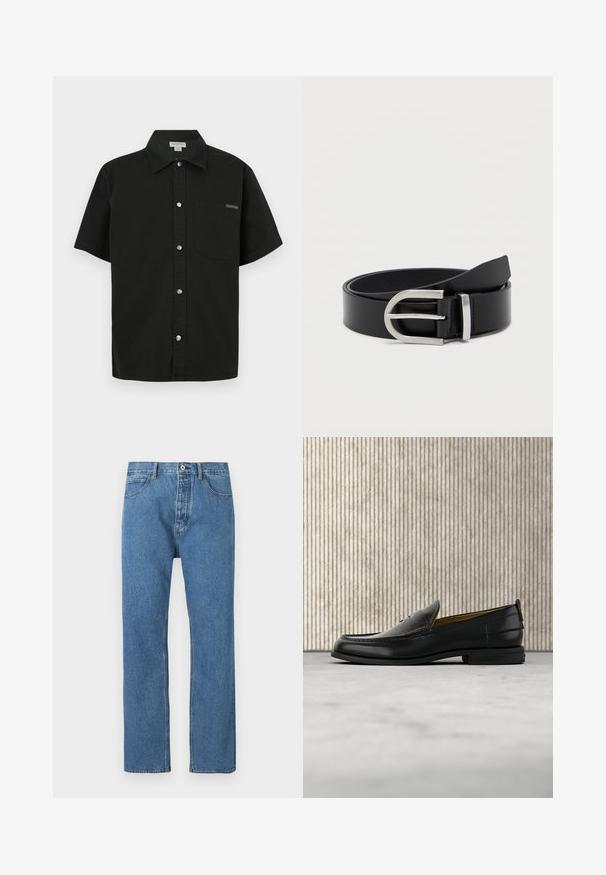 Sort kortærmet shirt lavet af bomuld, med knaplukning foran, en enkelt brystlomme og et lille logo nær lommen.; Lyseblå denimjeans med lige snit, fem lommer, knaplukning og subtile syningsdetaljer langs sømmene.; Sort læder herreloafer med krokodillepræget forstykke og lav hæl, vist i profil på en neutral baggrund.; Sort læderbælte med en glat overflade, der har en sølvmetalklausul og en klassisk rektangulær form.