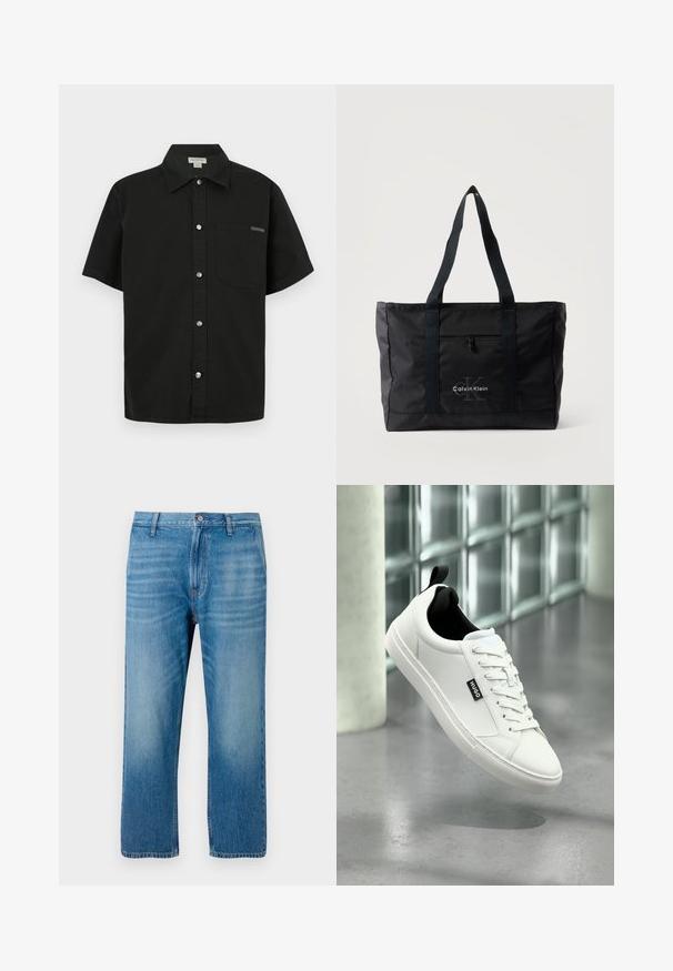 Sort kortærmet shirt lavet af bomuld, med knaplukning foran, en enkelt brystlomme og et lille logo nær lommen.; Lys blå denimbukser med lige pasform, fem lomme-design, knaplukning og subtil falmning på forsiden. Ingen synlige mønstre.; Hvid lædersneakers med sort inderfor, flad snørelukning og synligt logodetalje. Har en tekstureret gummisål for bedre greb.; Sort Calvin Klein shopper med to lange håndtag, lynlåslomme foran samt logo trykt på frontens midte.