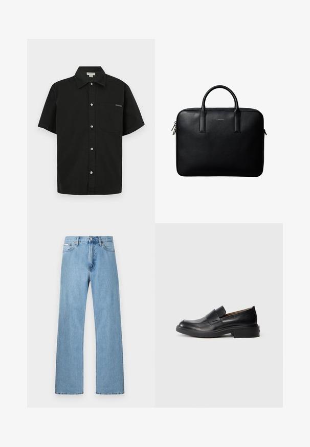 Sort kortærmet shirt lavet af bomuld, med knaplukning foran, en enkelt brystlomme og et lille logo nær lommen.; Lyseblå straight-leg jeans i denim med fem-lomme-design og knaplukning i taljen, vist mod en ensfarvet baggrund.; Sorte læder slip-on dress sko med lav hæl og subtil Calvin Klein logo på siden, vist i profil på en hvid baggrund.; Sort tekstureret lædermappe med dobbelte håndtag og sølv lynlås, centreret på hvid baggrund.