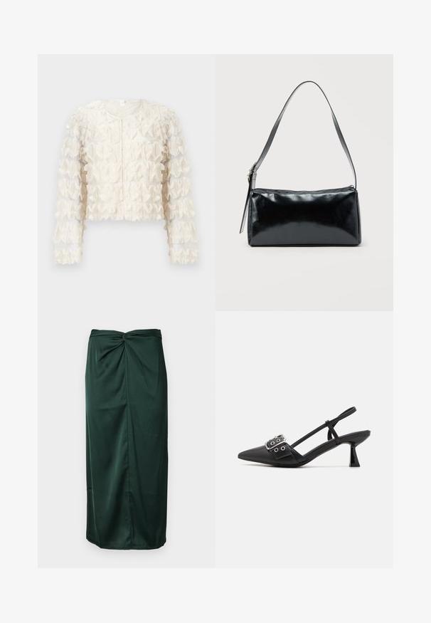 Veste courte blanche froncée avec tissu transparent, manches longues, encolure ronde et détails texturés sur l'ensemble du corps. Fermeture éclair à l'avant.; Jupe en satin vert foncé avec un design enroulé torsadé à la taille et une silhouette droite élégante avec une texture lisse.; Simmi London DALA - Escarpins - black; Sac d'épaule rectangulaire noir avec une sangle réglable unique et une fermeture éclair supérieure sur un fond uni.