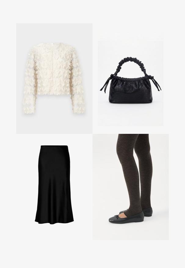 Veste courte blanche froncée avec tissu transparent, manches longues, encolure ronde et détails texturés sur l'ensemble du corps. Fermeture éclair à l'avant.; Jupe midi en satin noir au toucher lisse, avec un ourlet évasé et une taille ajustée, arborant un design simple et classique.; Jambes portant des leggings côtelés foncés associés à des ballerines noires avec de petits détails en nœud sur fond blanc.; Sac à main noir avec texture crocodile, bord supérieur froncé, poignée plissée et pompons à cordon de chaque côté sur fond blanc.