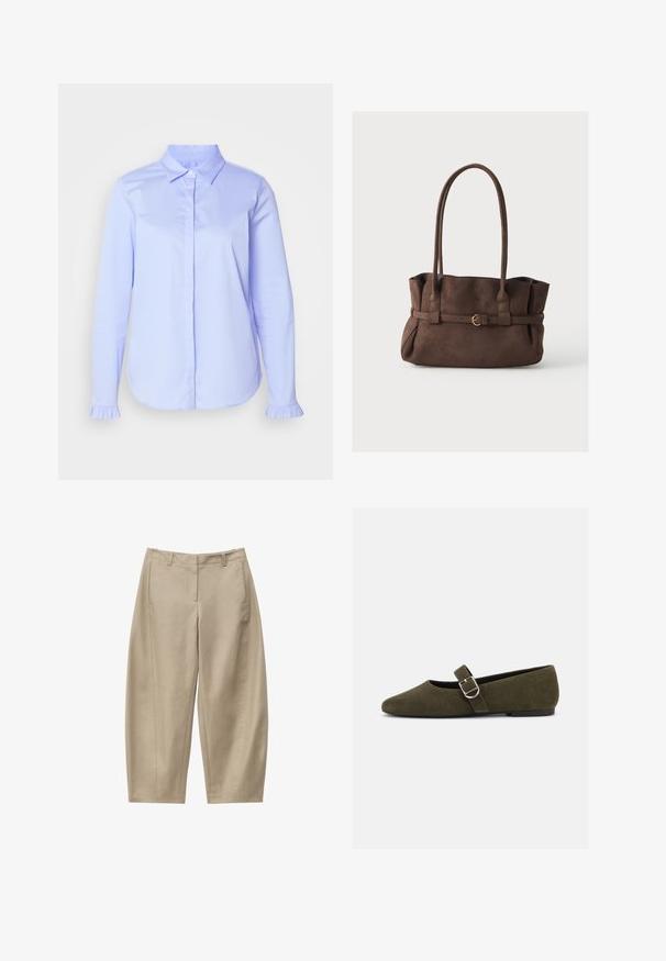 Chemise bleu clair à boutons en tissu lisse, avec un col classique et des détails froncés sur les poignets.; Pantalon beige raccourci à jambes droites avec passants de ceinture, poches latérales et fermeture éclair frontale, posé à plat sur fond blanc.; Chaussure plate Mary Jane en daim vert olive avec bride à boucle argentée et bout arrondi, présentée sur fond blanc.; Sac à main en daim marron avec deux longues anses et une fine ceinture décorative avec une petite boucle dorée à l'avant.