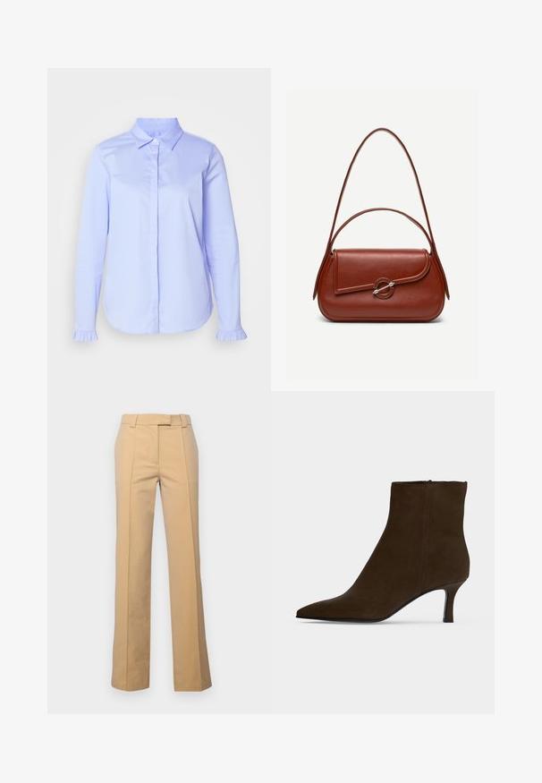 Chemise bleu clair à boutons en tissu lisse, avec un col classique et des détails froncés sur les poignets.; Pantalons beiges sur mesure en tissu mélangé coton avec une coupe droite, présentant des plis à l'avant et des poches latérales.; Bottine en daim marron foncé à bout pointu et talon kitten étroit sur fond clair uni.; Sac à bandoulière en cuir marron de forme rectangulaire arrondie, rabat asymétrique, fermoir circulaire argenté et deux fines bretelles.