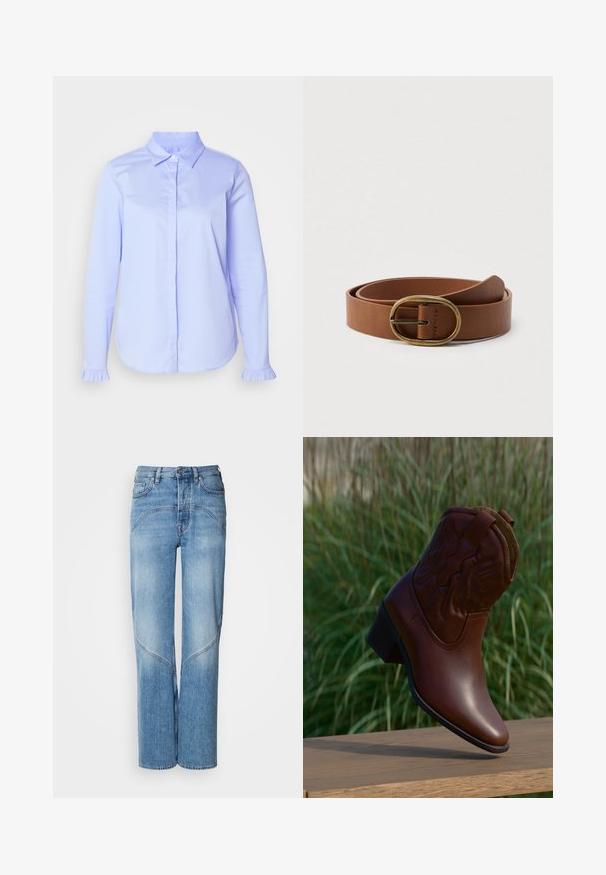 Chemise bleu clair à boutons en tissu lisse, avec un col classique et des détails froncés sur les poignets.; Un jean en denim bleu clair avec une coupe décontractée, des jambes larges et des détails de couture incurvés. Le tissu a une texture lisse avec un léger délavage.; Botte de cowboy en cuir marron avec des coutures décoratives, inclinée vers le haut sur une surface en bois avec un arrière-plan flou d'herbe verte.; Ceinture en cuir marron enroulée avec une boucle ovale en laiton, présentée sur un fond blanc uni.