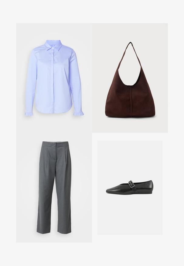Chemise bleu clair à boutons en tissu lisse, avec un col classique et des détails froncés sur les poignets.; Pantalons gris ajustés à coupe droite, avec une texture lisse, des plis devant et des poches latérales. Pas de quincaillerie ou d'accents visibles.; Chaussure plate en cuir noir avec un orteil pointu, présentant une sangle à boucle métallique sur le cou-de-pied et une semelle basse et flexible.; Sac hobo en daim marron avec une grande ouverture courbée et une large bandoulière. Présente une couture centrée à l'avant. Texture lisse.