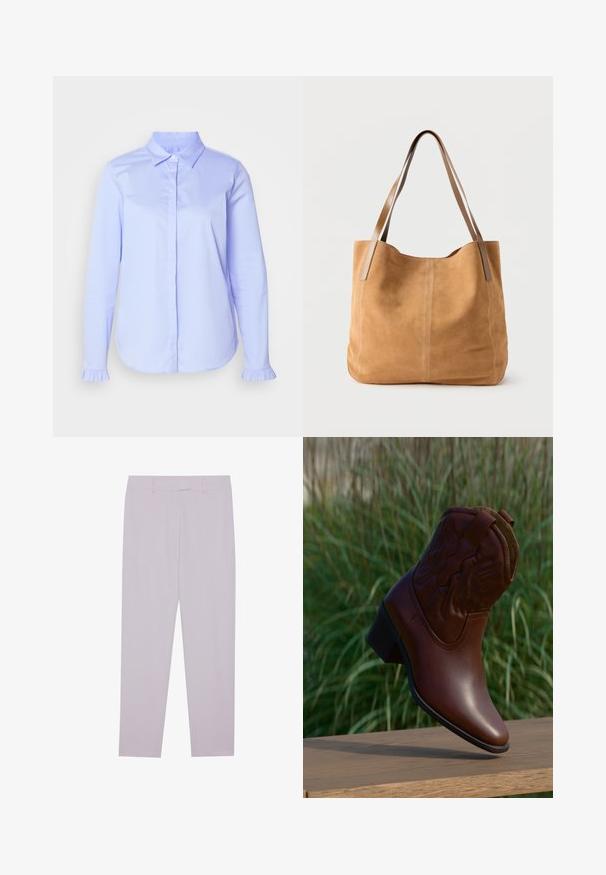 Chemise bleu clair à boutons en tissu lisse, avec un col classique et des détails froncés sur les poignets.; Pantalons violet clair en tissu lisse, dotés d'une coupe ajustée, de passants de ceinture et d'une coupe droite.; Botte de cowboy en cuir marron avec des coutures décoratives, inclinée vers le haut sur une surface en bois avec un arrière-plan flou d'herbe verte.; Sac fourre-tout en daim beige avec de longues anses en cuir marron clair, texture douce et couture simple sur un fond blanc uni.