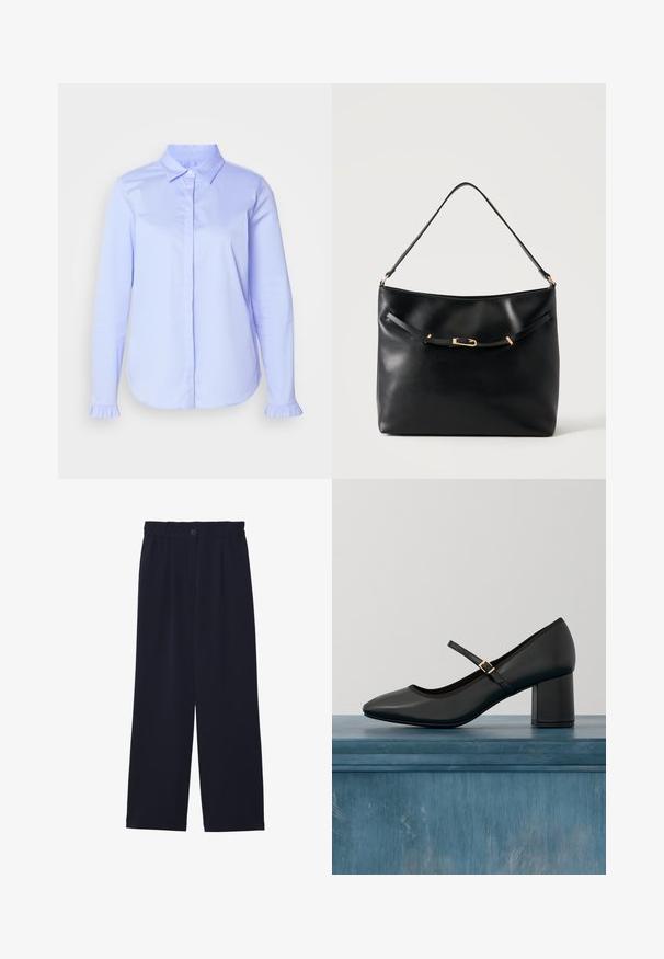 Chemise bleu clair à boutons en tissu lisse, avec un col classique et des détails froncés sur les poignets.; Pantalons large bleu marine avec une texture lisse, taille élastique, pli avant unique et fermeture à bouton à la taille.; Chaussure Mary Jane noire avec talon carré et sangle à boucle dorée, flottant au-dessus d'un sol en béton lisse dans un cadre intérieur minimaliste.; Sac à épaule en cuir noir avec une bandoulière unique et un petit détail de boucle dorée à l'avant, sur un fond clair uni.