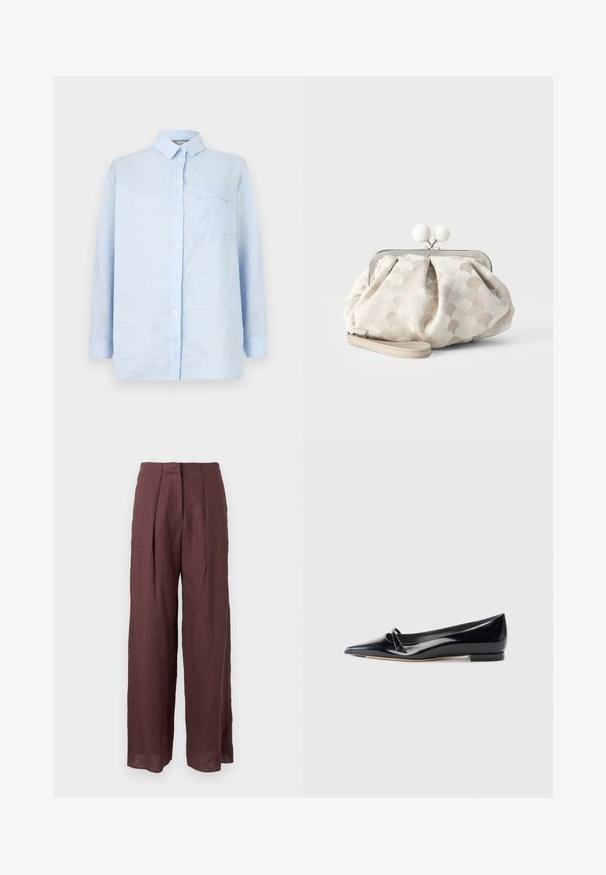 Chemise bleu clair à manches longues avec boutons, col et une poche poitrine unique sur fond blanc.; Pantalon large taille haute marron foncé avec plis sur le devant et taille structurée, fabriqué en tissu léger.; Chaussure plate en cuir verni noir avec un bout pointu, une petite lanière décorative et un petit talon carré. Texture lisse et design épuré.; Petit sac pochette beige avec tissu texturé à pois, cadre argenté, fermoir rond blanc et bracelet de poignet amovible sur fond uni.