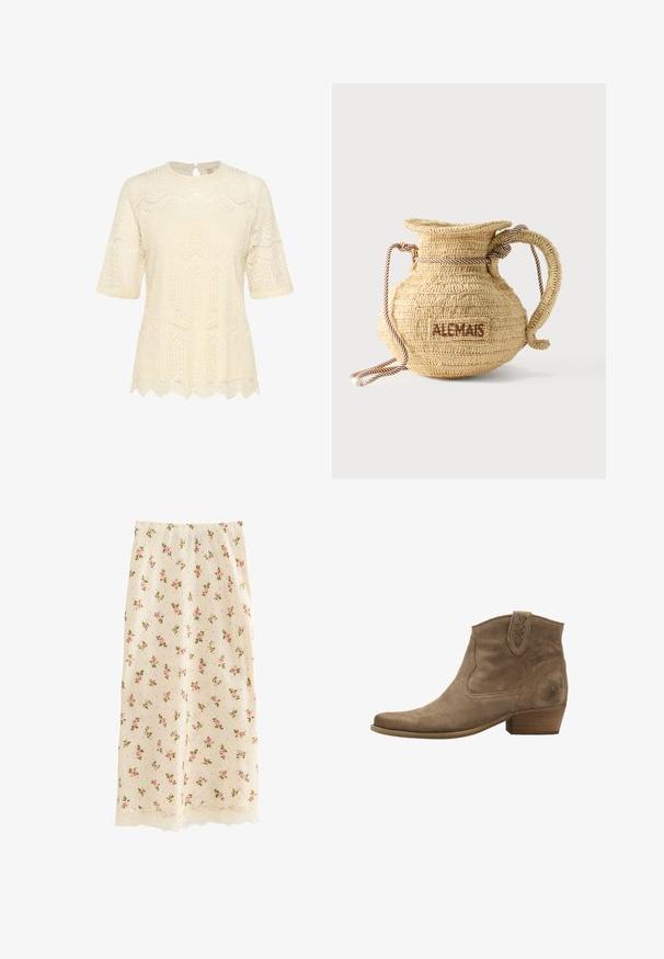 Top de encaje crema con mangas cortas, cuello redondeado y dobladillo ondulado, que presenta intrincados patrones texturizados en todo su diseño.; Falda midi color crema con estampado de rosas rosas y ribete de encaje a lo largo del dobladillo, ajuste recto y textura suave.; Bota de ante marrón para tobillo con punta afilada, costuras decorativas y tacón bajo de bloque. Cuenta con una lengüeta para tirar y un logo de mariposa en el lateral.; Bolso redondo de paja tejido con asa de cuerda y "ALEMAIS" bordado en un lateral con hilo marrón.