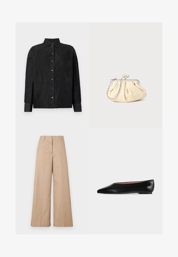CLOSED CAPE SHIRT - Blúzka so zapínaním na gombíky - mid grey; Bežové široké nohavice z hladkej bavlnenej tkaniny, s prispôsobeným pásom a plochým predným dielom, navrhnuté pre voľný strih a čisté línie.; Čierna kožená dámska balerína s špicatou špičkou a nízkym opätkom, zobrazená z boku na jednoliatom svetlosivom pozadí.; Zhlý béžový kožený klobúk so strieborným kovovým rámom, ktorý má dve okrúhle dekoratívne zámky a strieborný reťazový popruh.