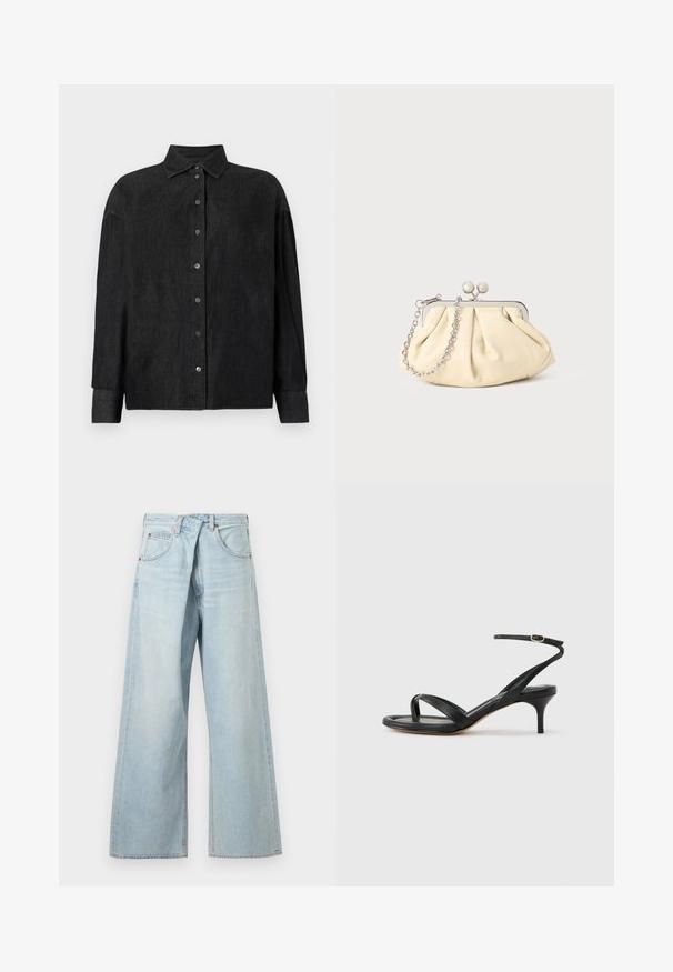 CLOSED CAPE SHIRT - Hemdbluse - mid grey; Hellblaue Jeans mit weitem Bein, Gürtelschlaufen und Vordertaschen, von vorne auf einfachem Hintergrund dargestellt.; Schwarze Ledersandale für Damen mit dünnen Riemchen, einer Zehenlasche, einer Knöchelschnalle und einem mittelhohen Stöckelabsatz vor neutralem Hintergrund.; Faltige beigefarbene Ledertasche mit einem silbernen Metallrahmen, ausgestattet mit zwei runden dekorativen Verschlüssen und einem silbernen Kettenriemen.