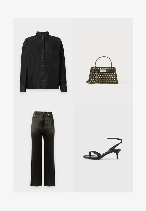 CLOSED CAPE SHIRT - Overhemdblouse - mid grey; Zwarte satijnen gebieden met wijde pijpen en een hoge taille, voorzien van voorzakken en metalen knoopaccenten. Glad oppervlak en slank ontwerp.; Zwarte leren dames sandaal met dunne bandjes, een teengreep, een enkelgesp en een stilettohak van gemiddelde hoogte op een neutrale achtergrond.; Olijfgroene suède handtas met zilveren ronde studs, bovenhandvat, schouderband en rechthoekige zilveren sluiting.