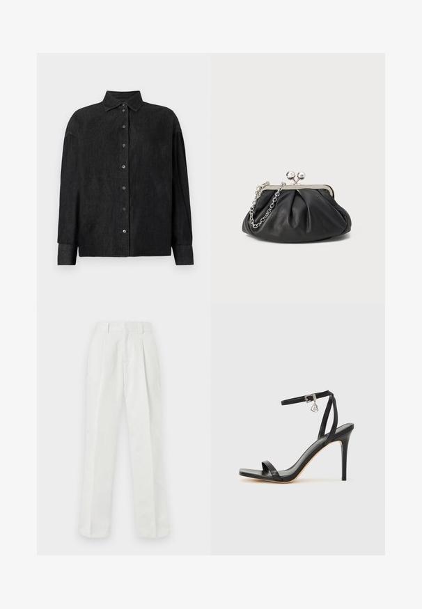 CLOSED CAPE SHIRT - Hemdbluse - mid grey; Weiße, hochtaillierte Hose aus einem glatten Stoff, mit geradem Bein, gefaltetem Vorderteil und Seitentaschen.; Schwarze High-Heel-Sandale mit schmalem Knöchelriemen, quadratischer Zehenbox, glattem Leder und metallischem Schnallenakzent.; Schwarze Leder-Clutch mit geraffter Textur, silberfarbener Metallrahmen, Druckverschluss und Kettenriemen. Glatte, weiche Oberfläche.